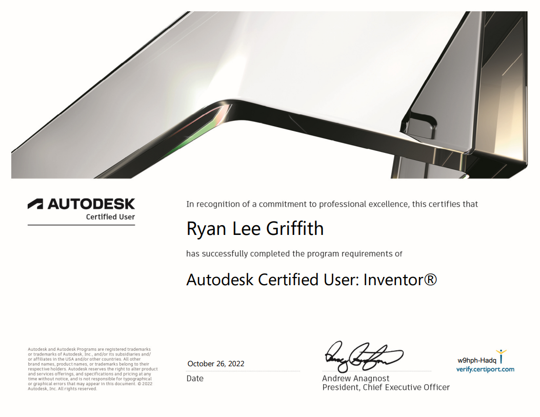Autodesk Certified User: Inventor Certificate - Ryan Griffith